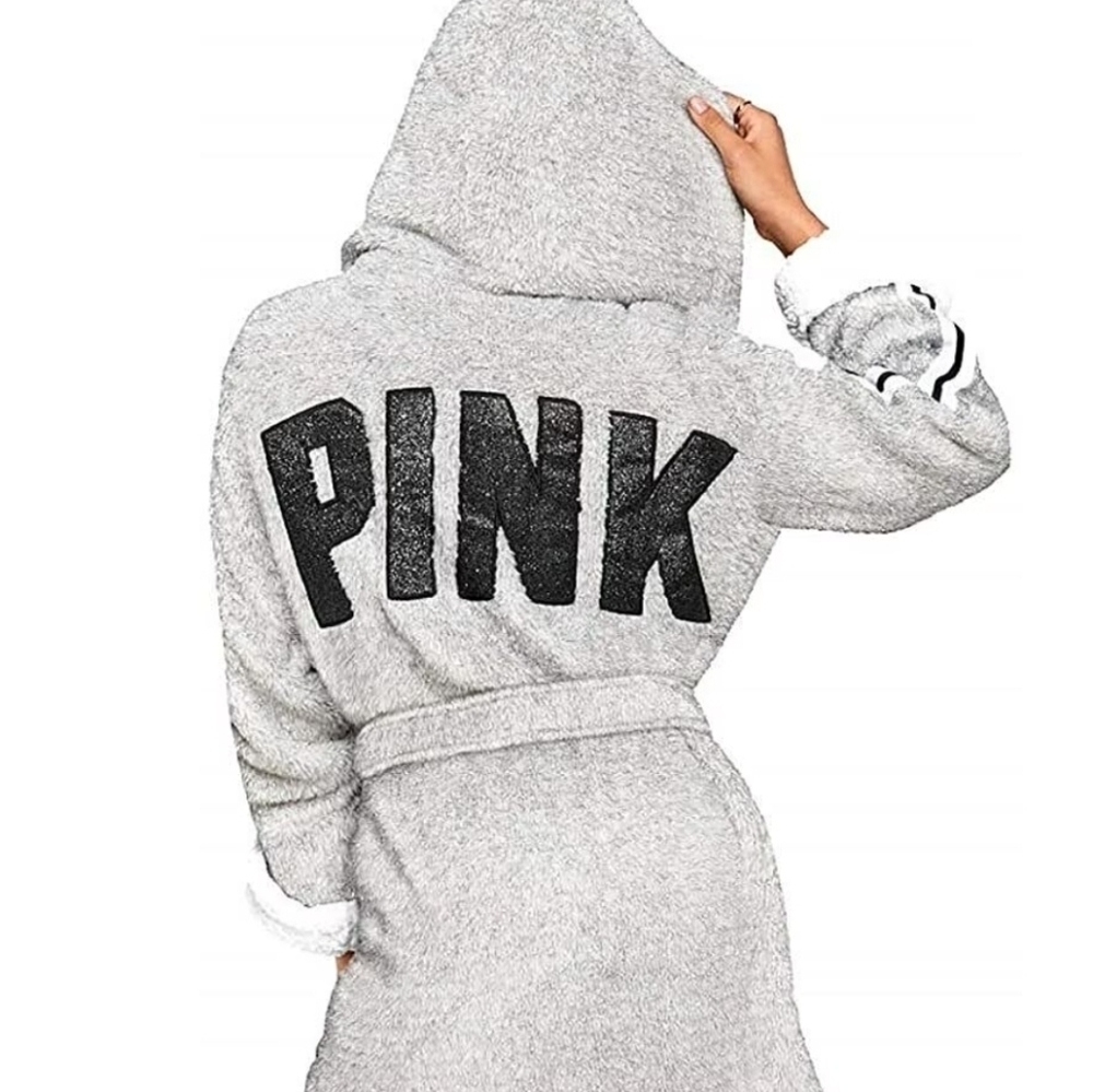 PINK Victoria's Secret bling glitter Sherpa lined hooded cozy robe Gray size M/L